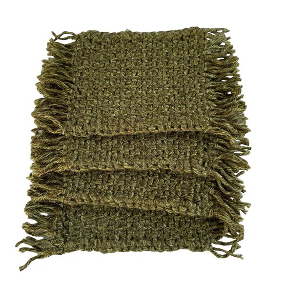 Mug Rugs Coasters Handmade Crochet Variegated Green Fringe Vinyl Back Set of 4 - Picture 4 of 11